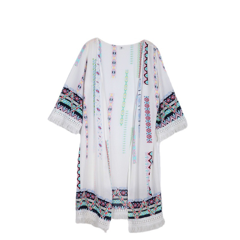 New Holiday Style Beach Sun-protective Clothing Women's Ethnic Style Printed Shawl Jacket Retro Mid-length Cardigan dress
