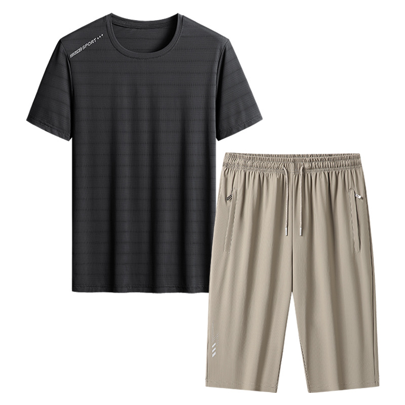 Papa de tamaño extra, traje de verano para hombres, hielo, secado rápido, pantalones de manga corta, de mediana edad, deportivo, ocio, dos piezas