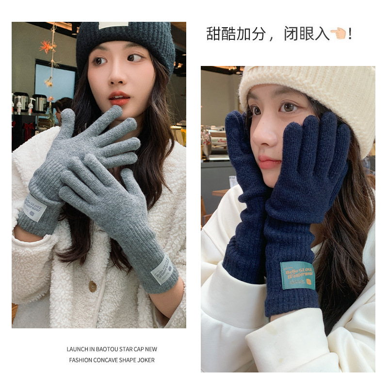 韓国版の女性用暖かい手袋、秋と冬のアウトドアサイクリング、拡張された防風性と耐寒性、タッチスクリーンのセパレートフィンガーウールニット手袋|undefined