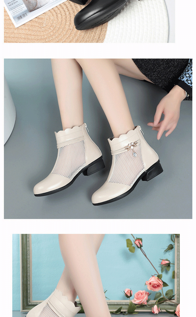 Boot nữ cổ thấp da thật lỗi họa tiết gót vuông phong cách Martin — màu be chi tiết 8