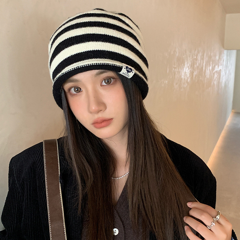 秋冬毛羊针织帽冷帽双色拼卷边高级堆堆帽女欧美护耳包头帽显脸小|undefined