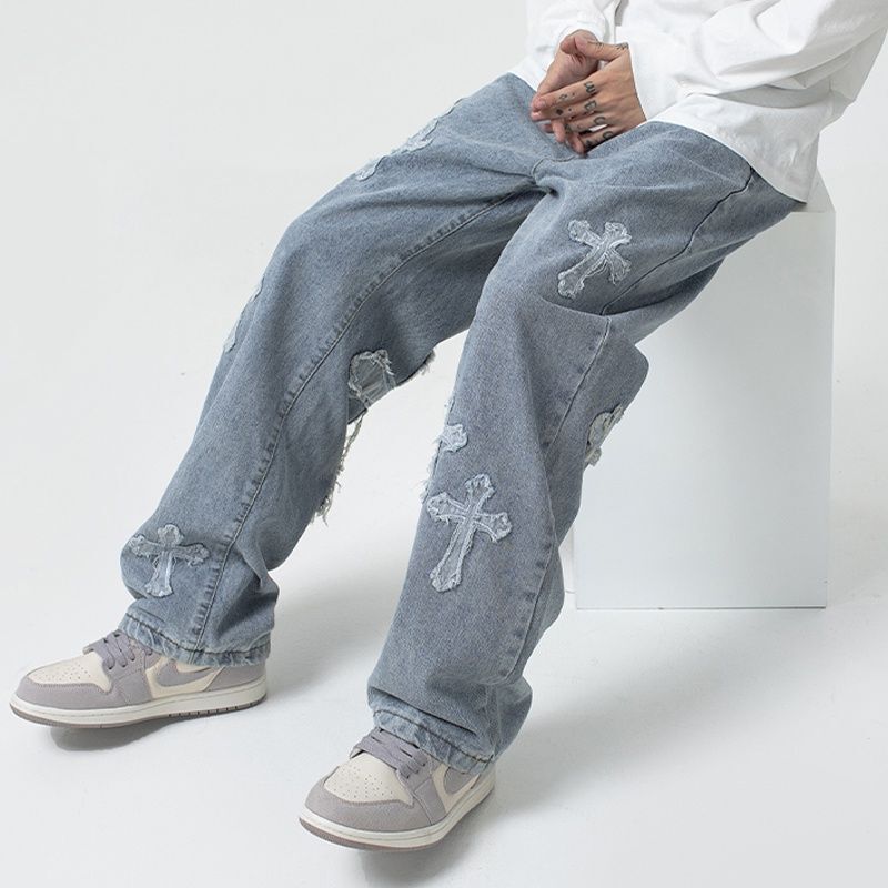 2022 High Street Cross Patch Jeans for Men, Trendy Hip-Hop Style, Cool Streetwear, Straight Loose Wide-Leg Pants