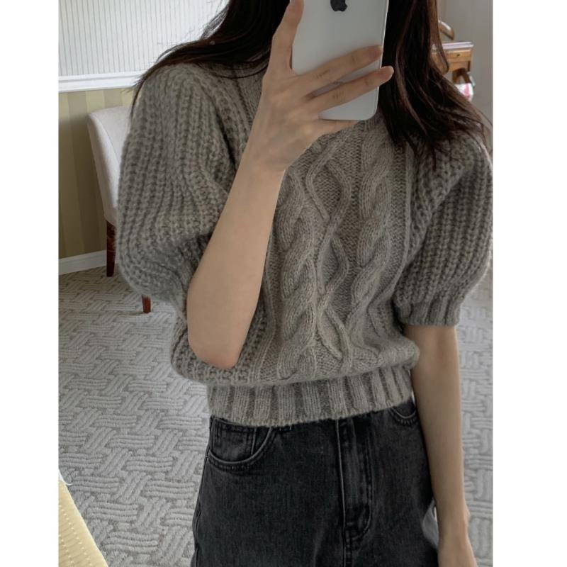2025 New Korean Chic Gentle French Sweet Retro Twist Round Neck Puff Sleeve Sweater Mid-Sleeve Top 2025 New Korean Chic Gentle French Sweet Retro Twist Round Neck Puff Sleeve Sweater Mid-Sleeve Top