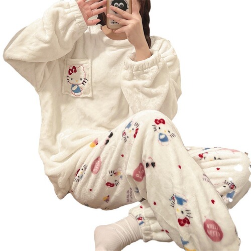 Autumn and winter pajamas for women, flannel long-sleeved trousers, round neck, simple girly warm home clothes set