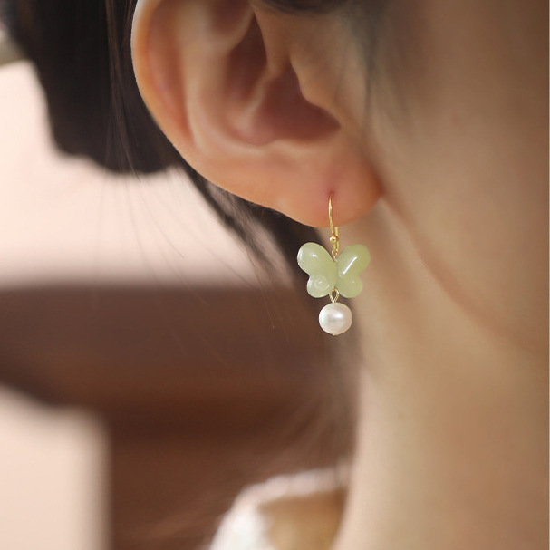 Fu die earrings Hetian jade Qinghai Chinese style earrings cheongsam ear hook elegant gentle lady