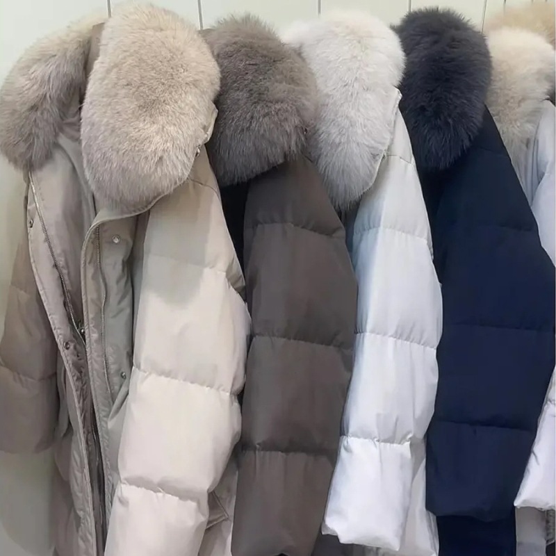 2025 New Winter Style 90 White Duck down Thickeneded Warm Large Fox Fur Collar Long Over-The-Knee Quality down Jacket for Women