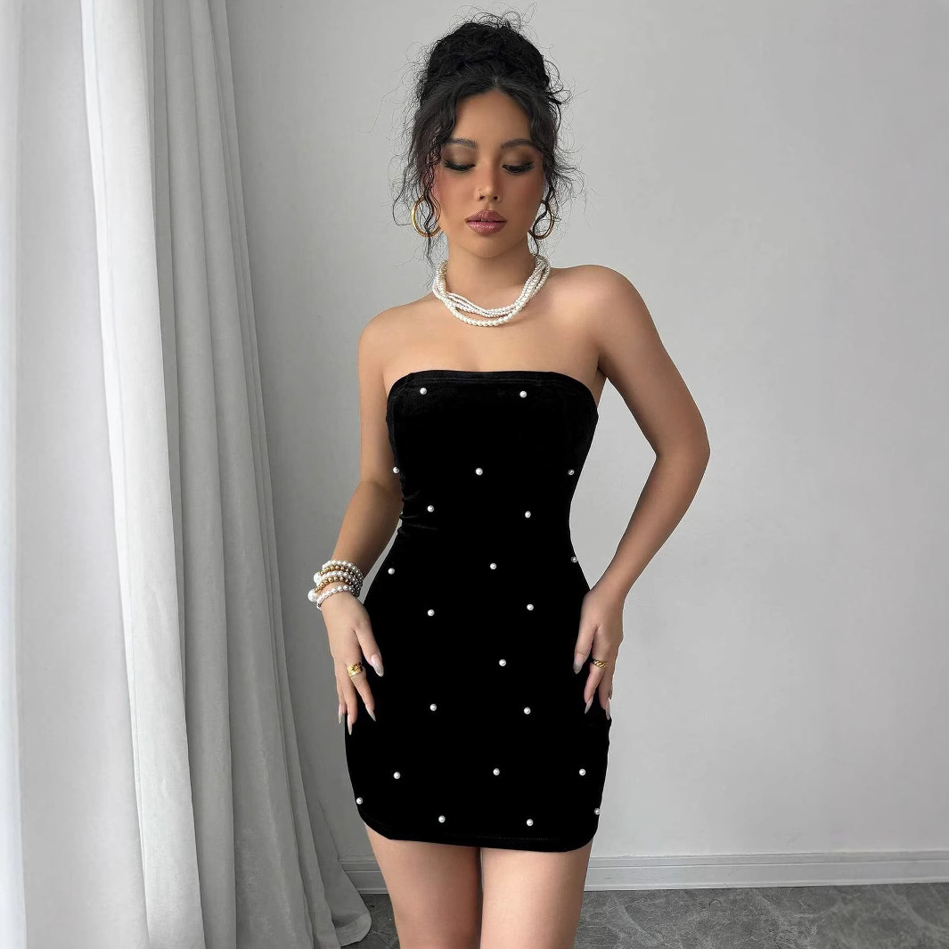 2025TK Amazon cross-border European and American style pearl velvet skirt party evening dress dress factory direct supply