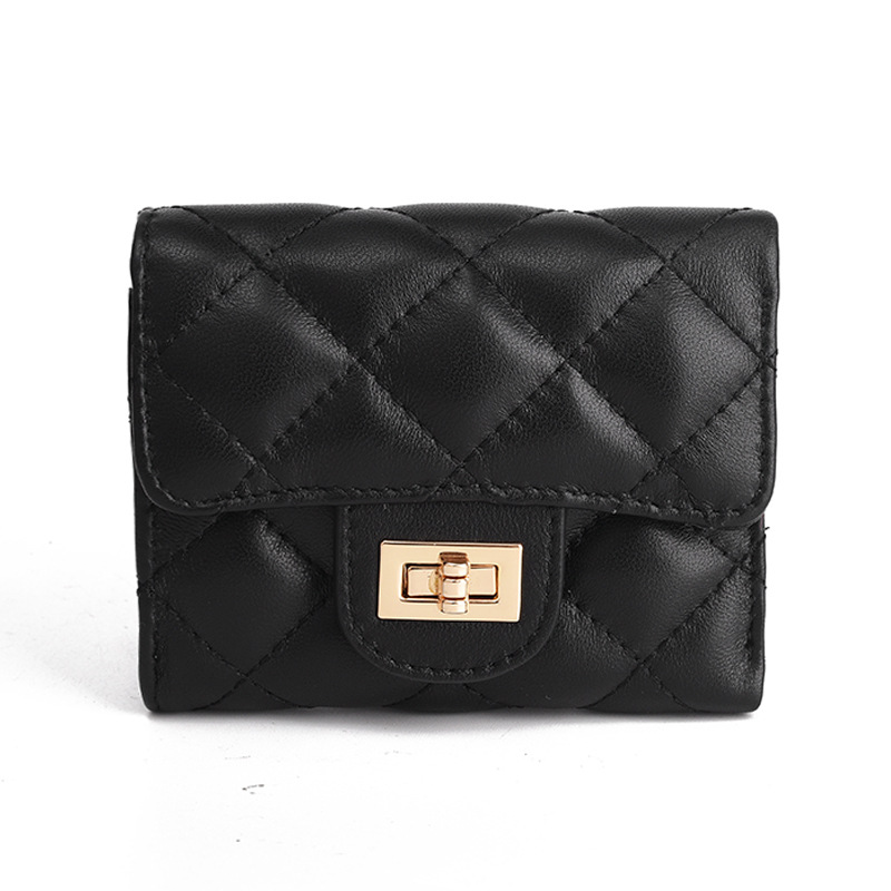 Cartera pequeña estilo Chanel para mujer, monedero corto, cartera de cuero acolchada simple, cartera de piel de oveja de gran capacidad, tarjetero de cuero genuino.