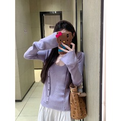 网红 针织开衫外套女秋季长袖薄款挂脖背心紫色设计感两件套装