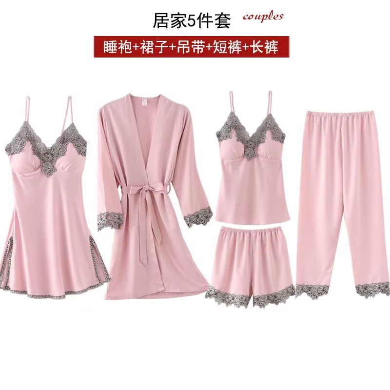Cross-Border Hot-Selling Four-Season Wearable Pajamas for Women, Five-Piece Set, Sexy Nightgown, Bathrobe, Home Clothes, Long-Sleeved Bathrobe, Pajamas