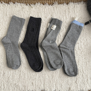 Grey Piled Socks Children's Mid-length Socks Autumn and Winter Cotton Socks Ins Trendy Japanese Style Vertical Strip Pleated Slim Look Autumn Stockings
