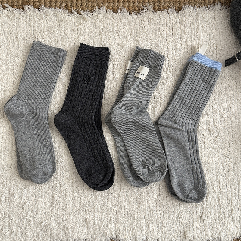 Grey Piled Socks Children's Mid-length Socks Autumn and Winter Cotton Socks Ins Trendy Japanese Style Vertical Strip Pleated Slim Look Autumn Stockings