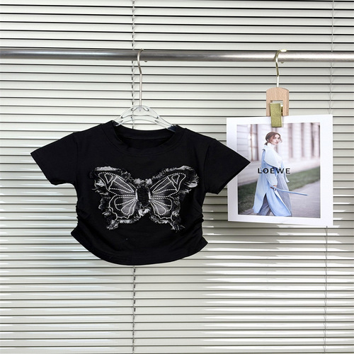 Women's Summer 2025 New 3D Washed Denim Frayed Butterfly T-Shirt Korean Version Pleated Solid Color Versatile T-Shirt