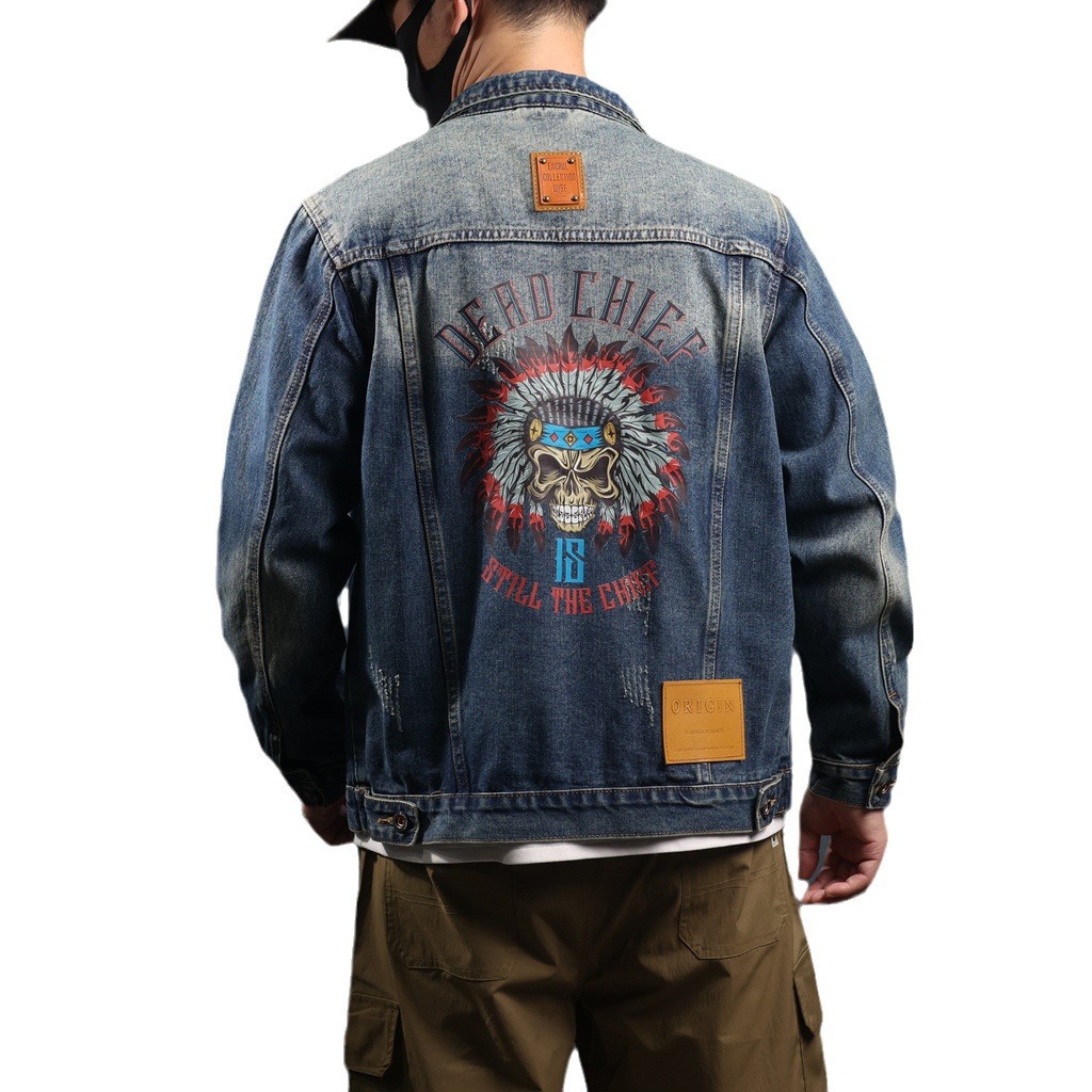 Men's Heavy Denim Jacket Retro Casual Washed Printed Trucker Coat_voghion.com