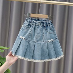Girls' Summer 2025 New Stylish Thin Pleated Denim Skirt for Older Children, Versatile Short Style