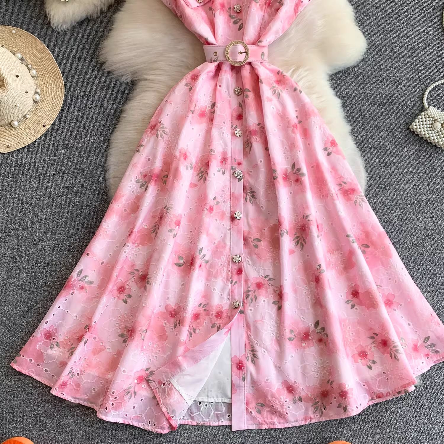 Youthful French Style Embroidered Print Dress With Raglan Sleeves Button Down Waist Cinching Long Light Luxury Summer Dress_ecoleips.com