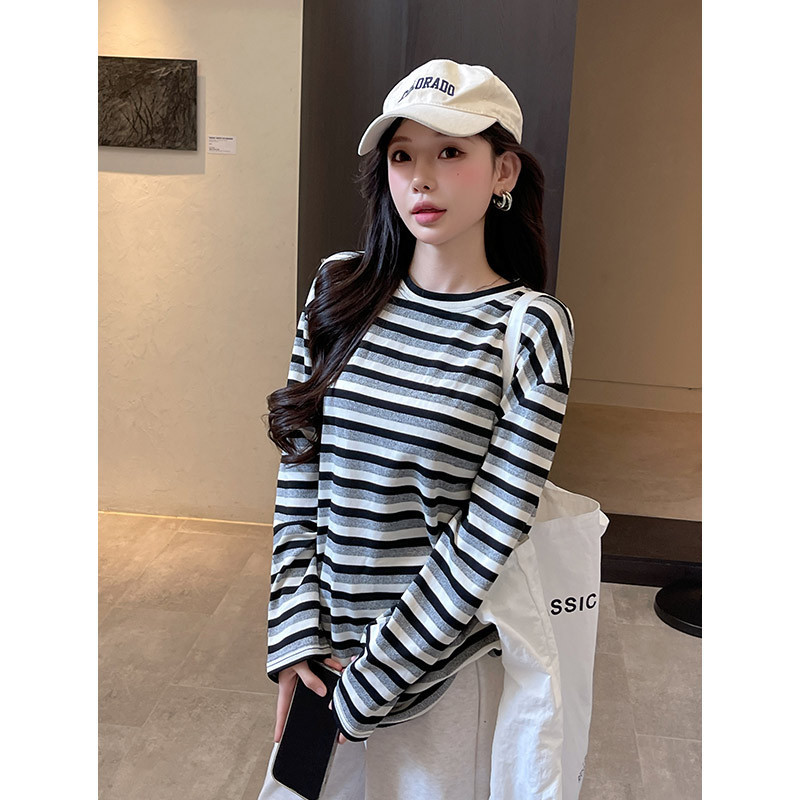 慵懒风chic春秋冬季打底衫2025美式条纹t恤女宽松中长款长袖上衣|undefined