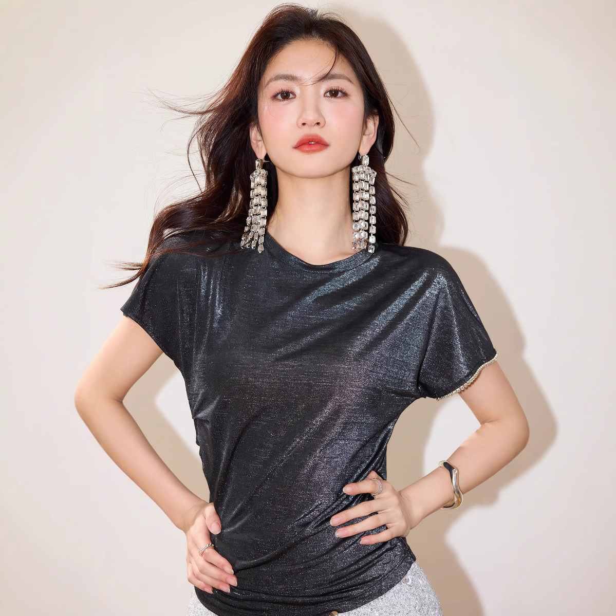 御姐星钻衫设计感钻饰正肩短袖T恤AS夏季新款百搭chic上衣女