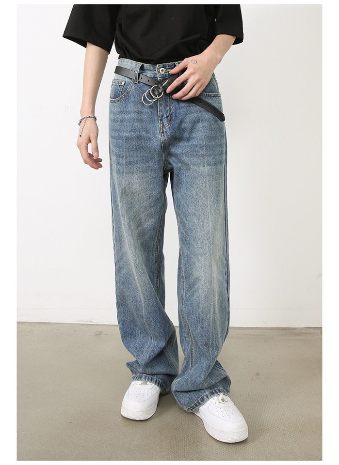 Quần jeans nam ống đứng dáng suông rộng, denim xử lý giặt retro phong cách Mỹ, quần dài mặc hằng ngày — Màu xanh lam chi tiết 13