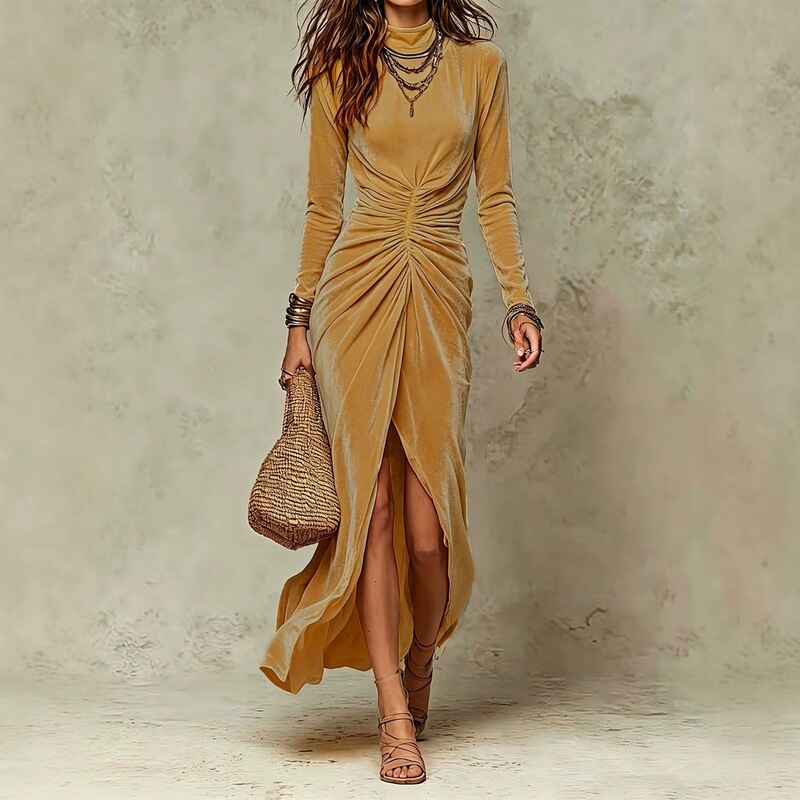 European and American cross-border light luxury Korean velvet half-high collar long-sleeve ruched waist slit slimming dress European and American cross-border light luxury Korean velvet half-high collar long-sleeve ruched waist slit slimming dress