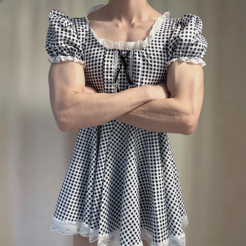 Loubei sexy lingerie French lace spliced black and white plaid butler dress, summer beautiful waist-cinching puff sleeves