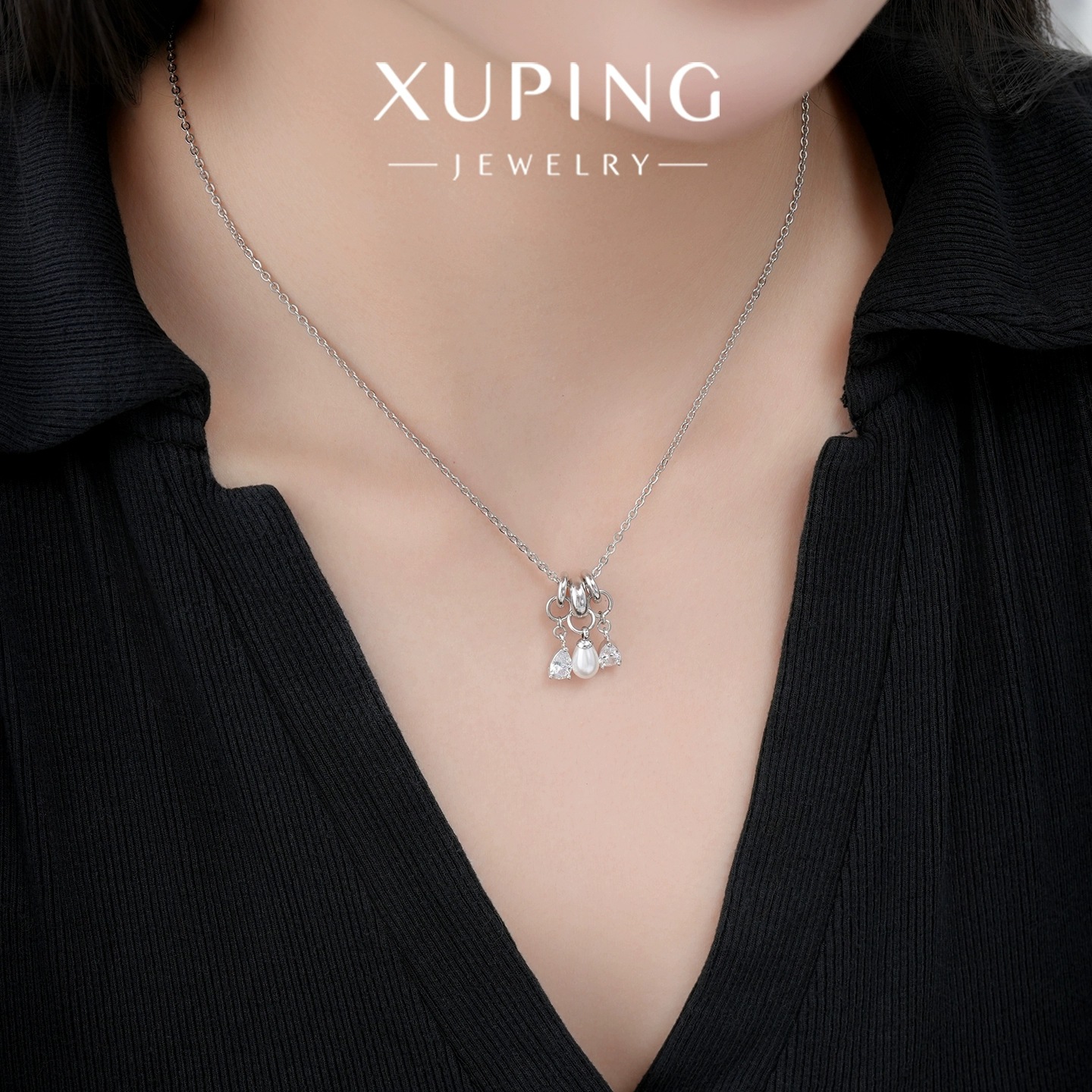 Xuping elegante temperamento nuevo collar de aleación de cobre blanco incrustado con gemas artificiales imitación de perlas joyas para mujeres image 5