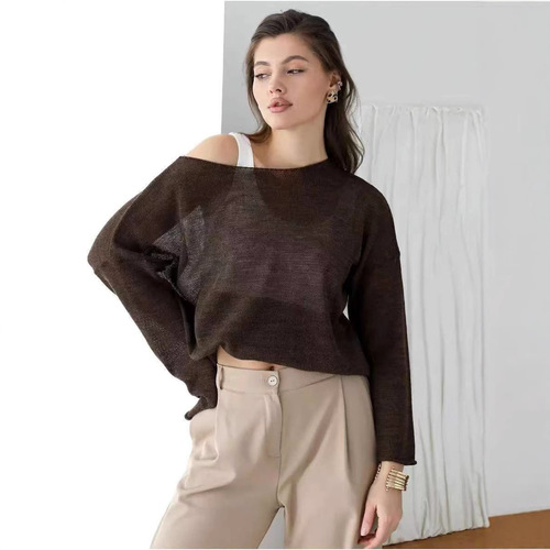European and American-style thin oversized crew-neck T-shirt with flared sleeves, 2025 spring/summer women's see-through hollow-out knit top
