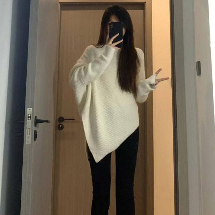 Dammekleeder Héichkragen onregelméissegen Nischendesign Pullover fir Fraen Hierscht- a Wanterversioun locker faul Stil mëllen, klebrigen Stricktop verdickt_voghion.com