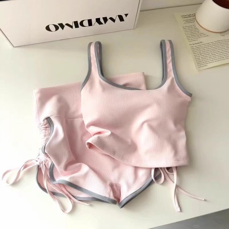 睡衣女网红款粉色带胸垫吊带夏季运动瑜伽服短裤套装家居服可外穿|undefined
