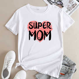 跨境女装外贸欧美Women T-shirt SUPER MOM圆领纯棉短袖T恤女上衣