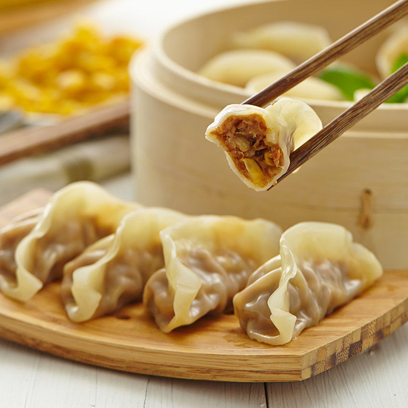 Steamed dumplings, pan-fried dumplings, pot sticker dumplings, 4 pounds, about 96 pieces, corn and shiitake mushrooms, steamed and fried dumplings, wholesale of semi-finished products for commercial breakfast