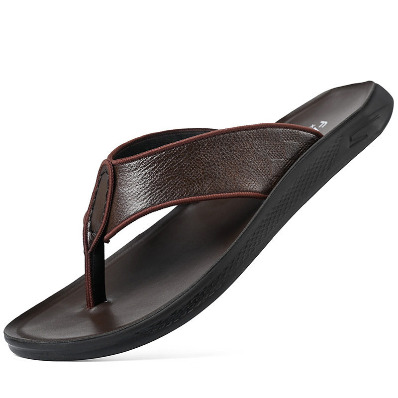 Dép xỏ ngón nam da bò lớp đầu chống trượt, phong cách casual đi ngoài trời — XQ2266 màu nâu, XQ2266 màu đen
