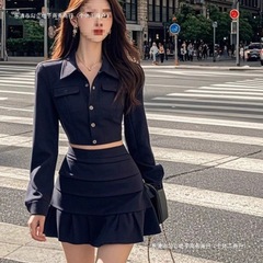 纯欲甜妹风春秋新款显瘦套装女单排扣长袖开衫上衣+字短裙两件套