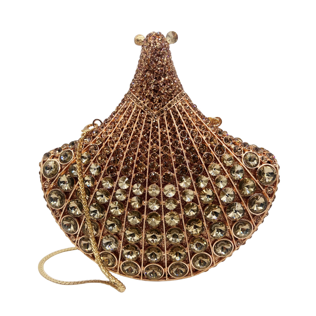 Clutch nữ hình quạt đính đá cao cấp dự tiệc cầm tay — màu vàng, bạc, màu đỏ, màu ô liu xanh chi tiết 7