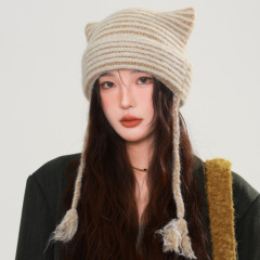 小众可爱猫咪耳朵条纹毛线帽秋冬时尚潮流恶魔辫子保暖针织帽冷帽