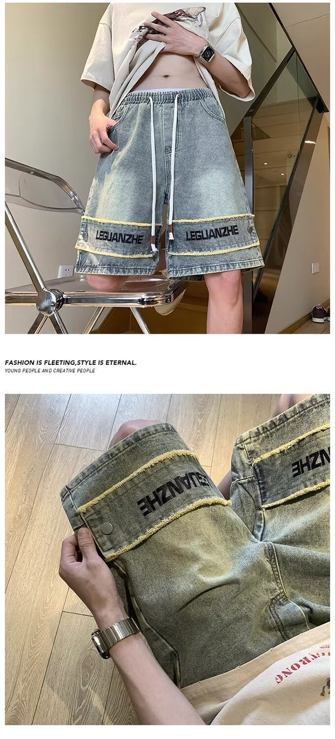 Men's Style Washed Distressed Denim Shorts Niche Design High Street Muddy Wide Leg Straight Leg Five Point Pants_mkmklike.com