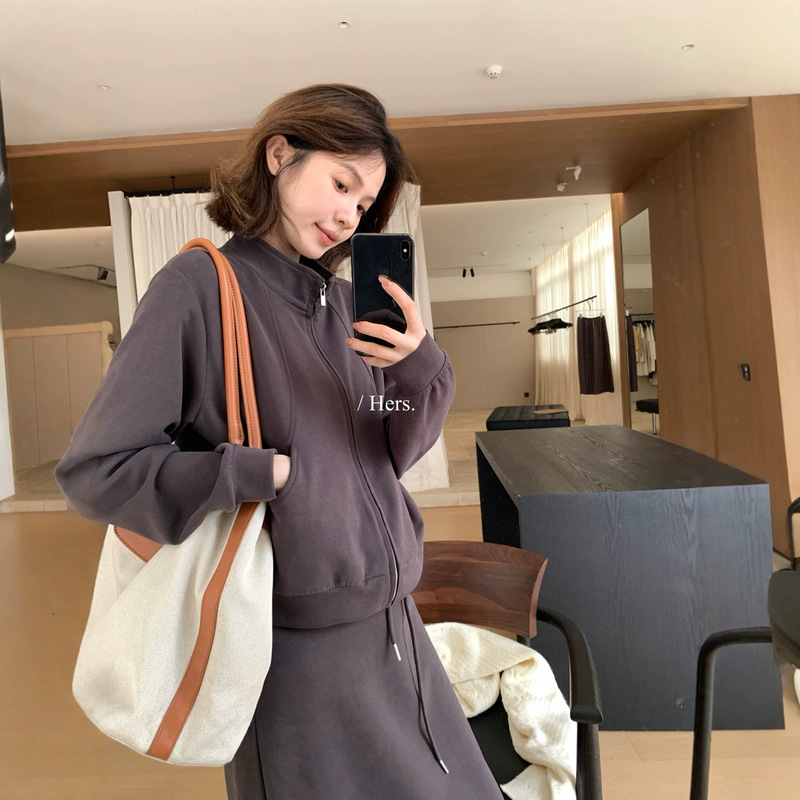 Hers Sweet Autumn Korean Style Sporty Stand Collar Sweatshirt Jacket + Drawstring Straight Skirt Set 67009