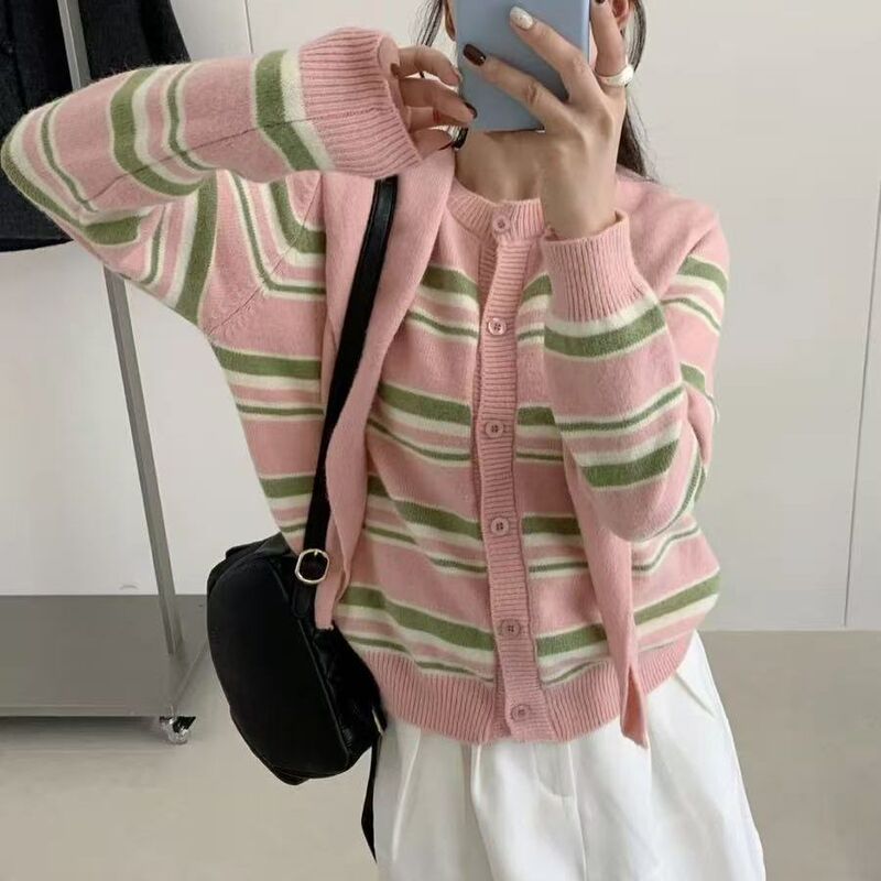 Korean Style Knitted Cardigan New Striped Jacket Long-Sleeved Sweater Shawl Two-Piece Top Women's Plaid Korean Style