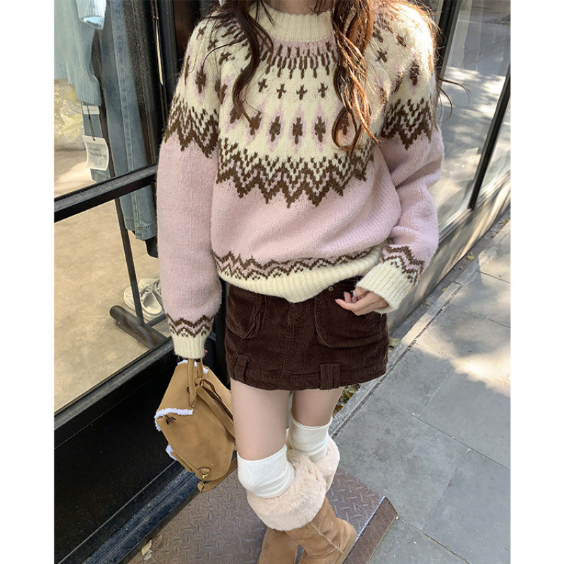 24 invierno Puyuan Isla de Fair suéter jacquard rosa nuevo estilo de reducción de la edad de la universidad camiseta de punto para mujeres