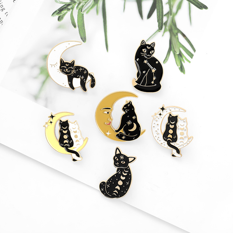 Creative Cartoon Cute Little Black Cat Dripping Oil Moon Alloy Brooch display picture 3