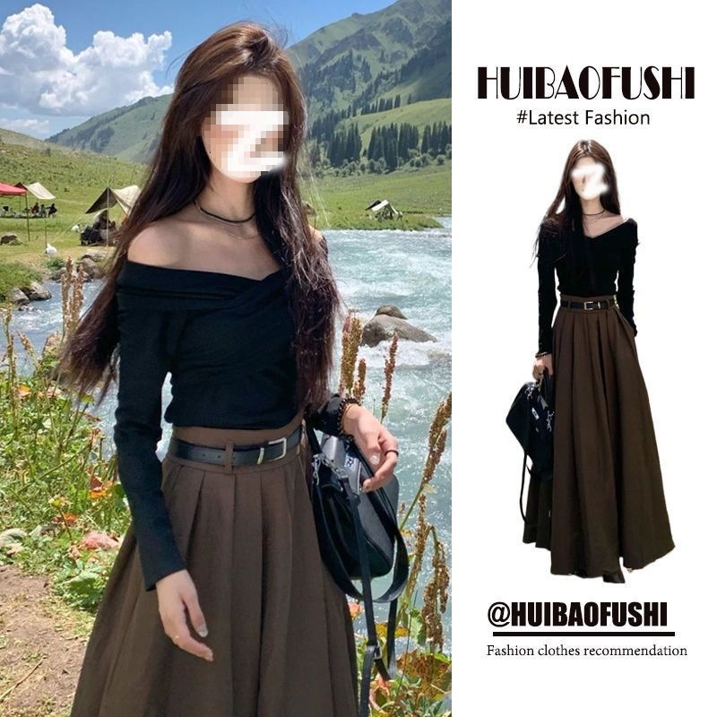 大码秋季新款穿搭一整套韩系套装女一字肩上衣百褶半身裙两件套（|undefined
