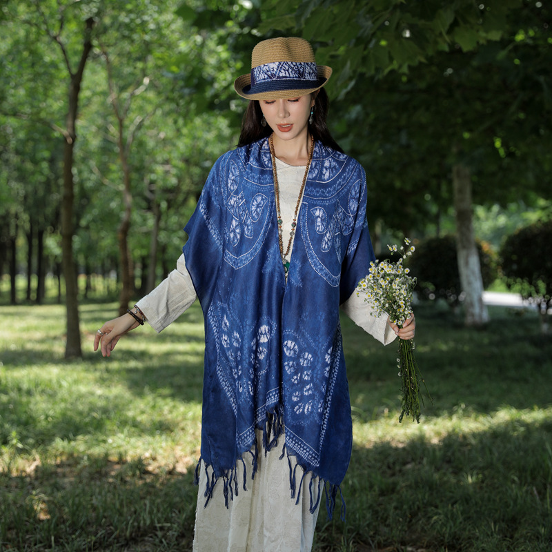 2023 nuevo estilo étnico en forma de diamante bufanda de algodón y lino bufanda de viaje Yunnan cálido protector solar