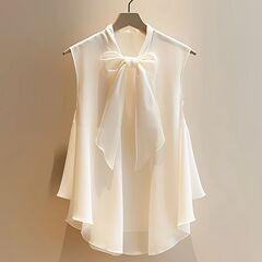 漂亮洋气无袖上衣女白色超仙高档雪纺小衫无袖蝴蝶结衬衫2025新款
