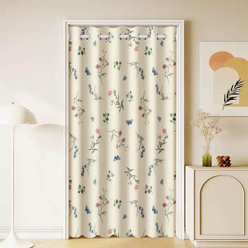 French-Style Floral Summer Air-Conditioning Door Curtain for Bedroom, Home Air-Conditioning Partition Hanging Curtain, Privacy Blocking Curtain with Telescopic Rod