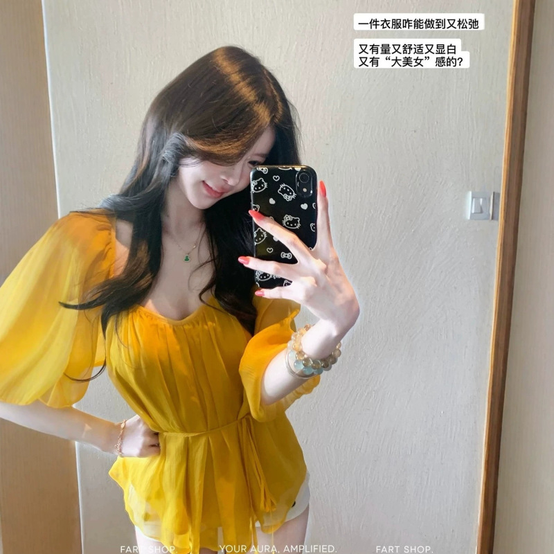 Fart Shop Soft Gauze Dream Weaving V-Neck High Transparency Pleated Tie Chiffon Blouse Women's Spring/Summer Half-Sleeve Top