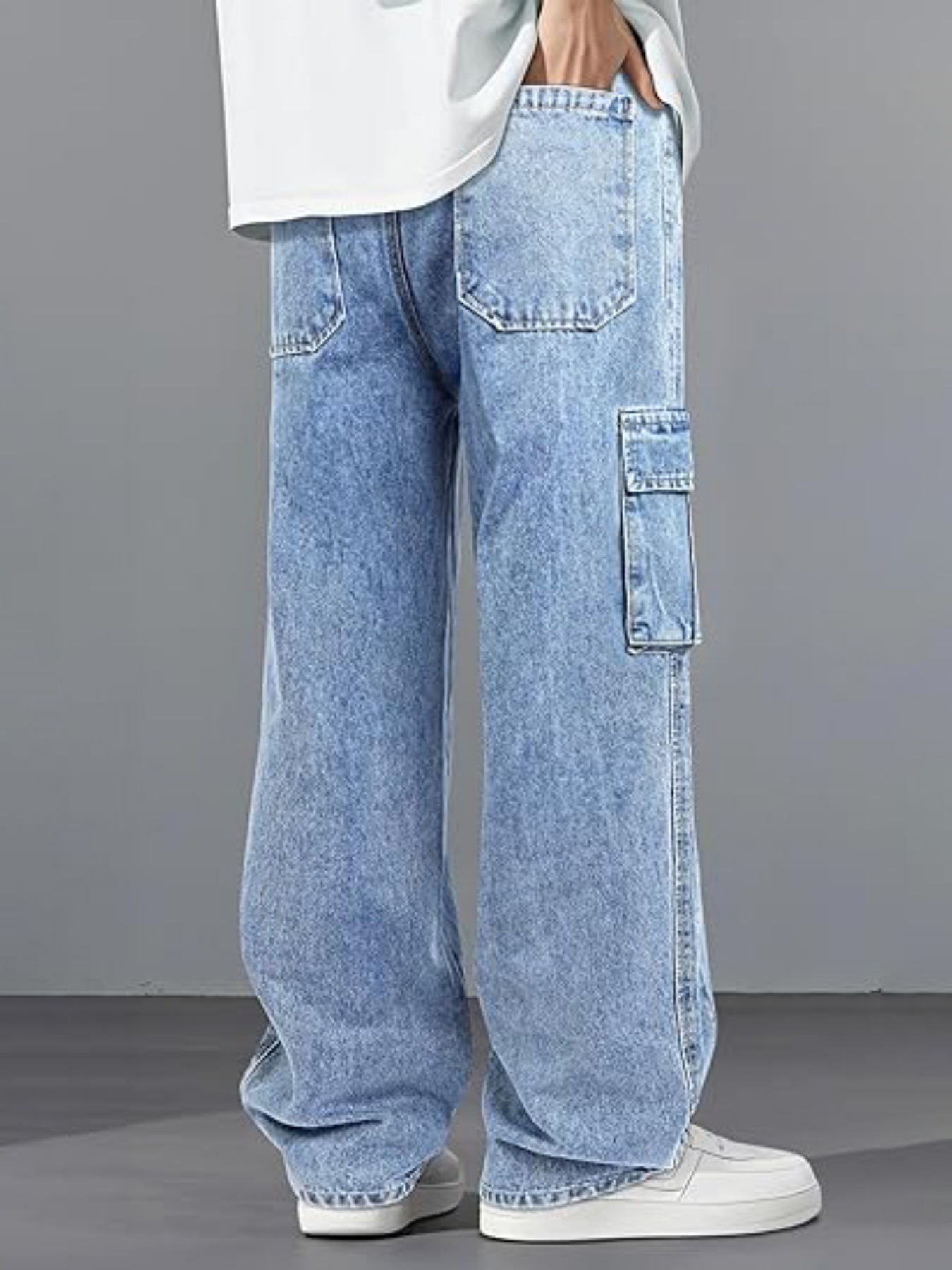 High Street Style Men's Cargo Jeans Multi Pocket Loose Fit Wide Leg Floor Length Drawstring Pants_mkmklike.com