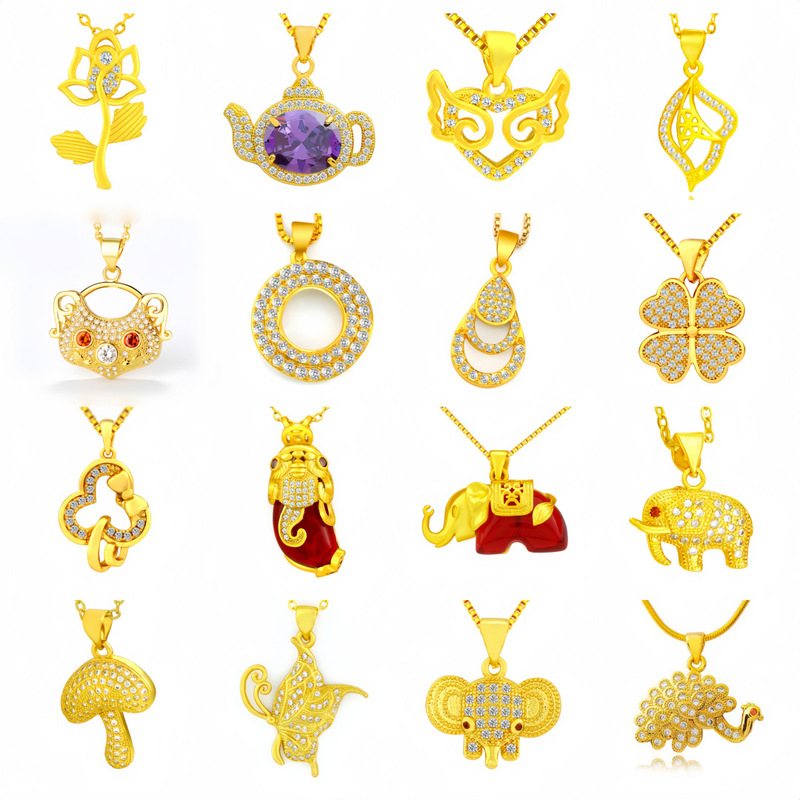 Gold Store Same Imitation Gold Jewelry Teapot Women's Brass Gold-Plated Animal Elephant Pendant Sand Gold Necklace Cross-Border