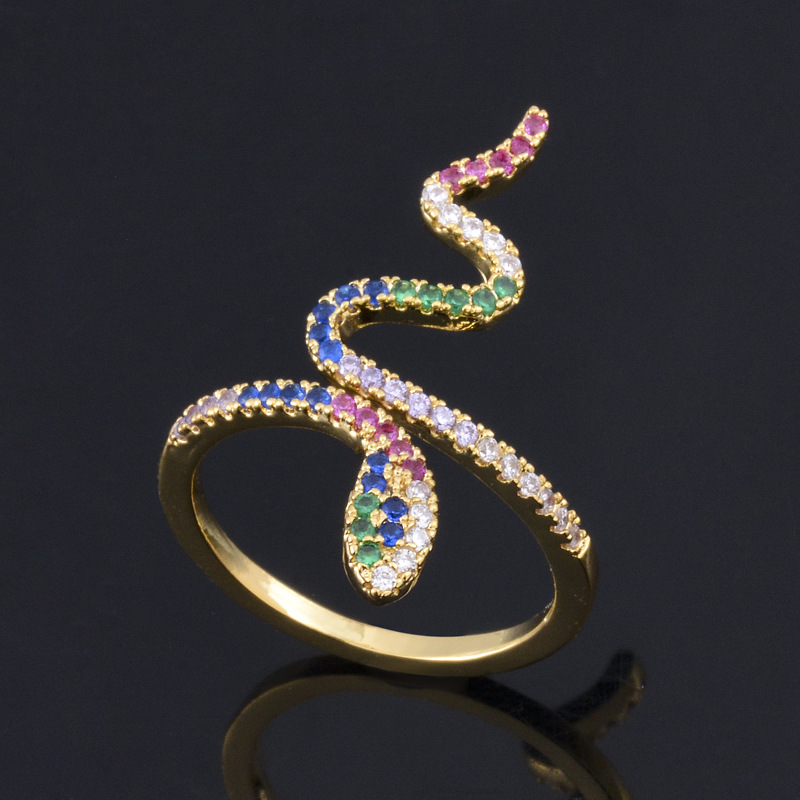 Anillo Abierto En Forma De Serpiente Con Micro Incrustaciones De Circón Colorido De Moda Al Por Mayor display picture 2