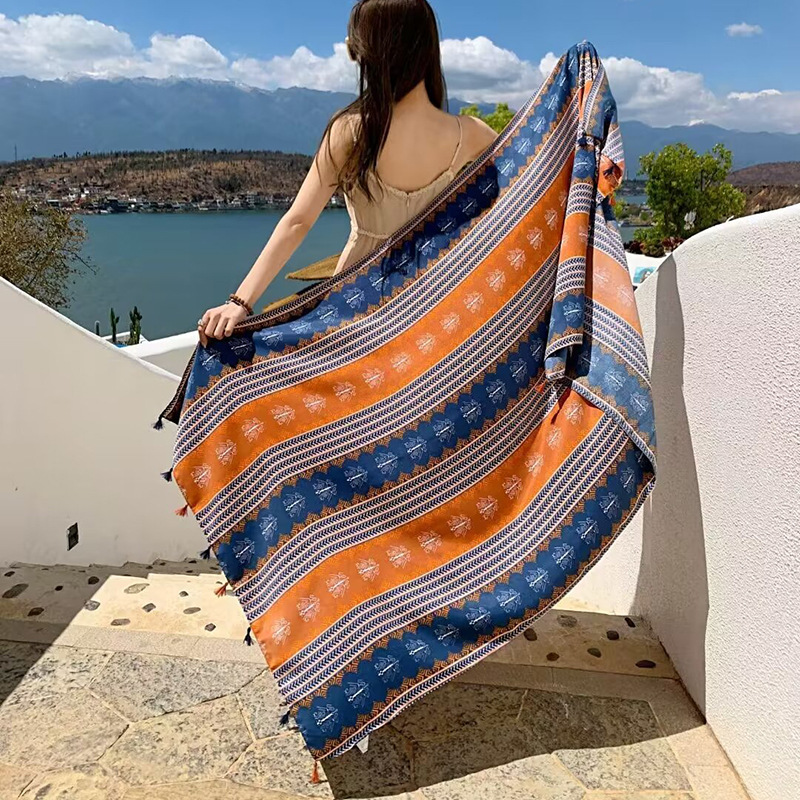 Sopa de satén de twill para mujeres 2025 bufandas de viento nacional de verano tibetanas bufandas de seda protector solar lago Qinghai turismo foto toalla de playa