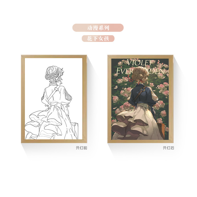 Tres colores TikTok popular pintura ligera de dibujos animados dormitorio noche pintura luminosa marco de fotos de madera maciza creativo bricolaje fabricante